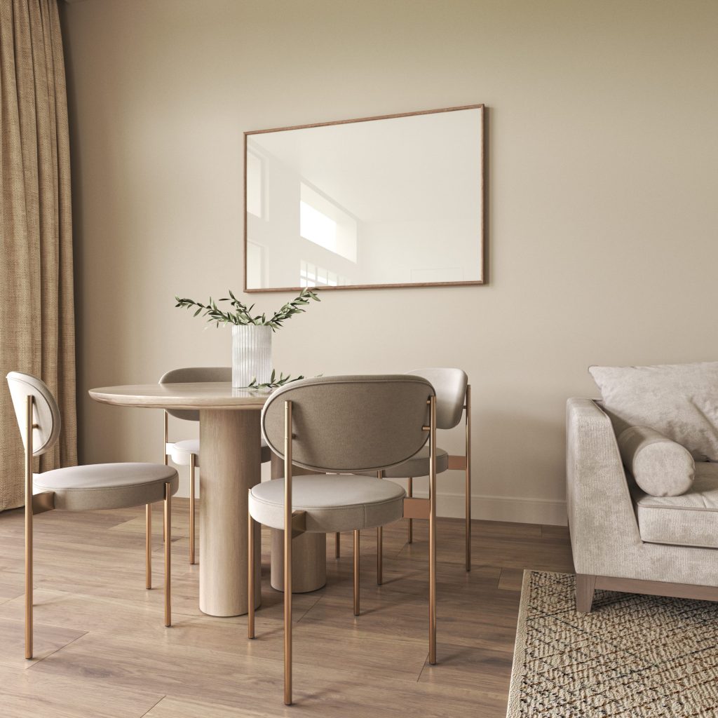 Interior design of stylish living room with modern neutral chairs and dining table. Mock up poster frames. Green plant in vase, decoration home decor. Template. High quality 3d render illustration.